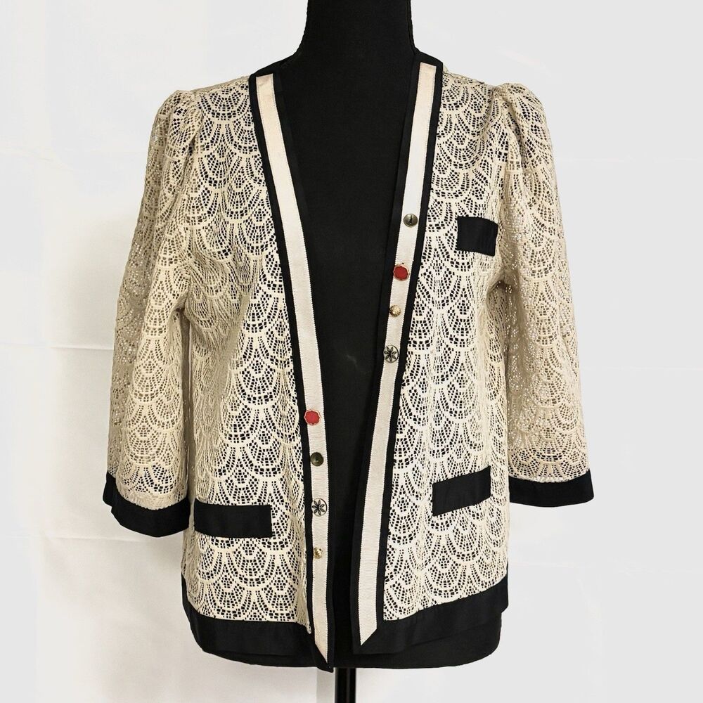 Corey Lynn Calter Jacket Cardigan Beige Lace Black Silk Trim Topper